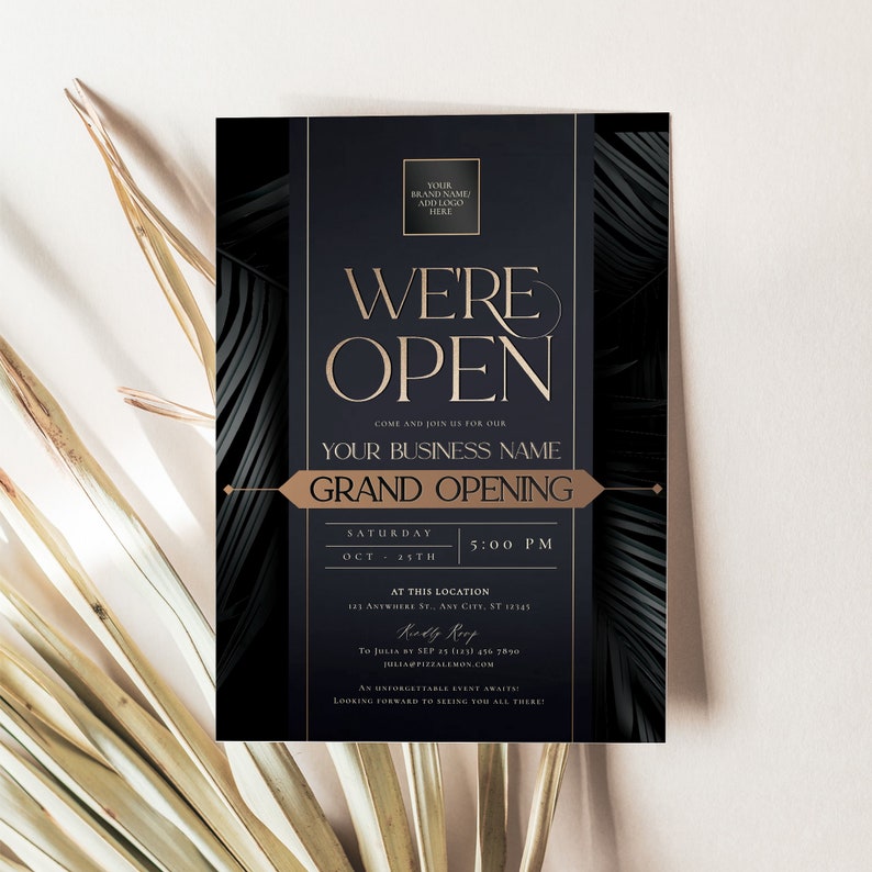 Printable minimalist grand opening invite reading “We’re Open,” ideal for corporate events and launch celebrations.