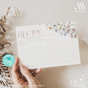 Wildflower bridal shower recipe card template, Wild flower recipe cards printable, Personalized recipe card editable template B016