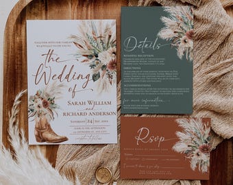 Rustic Western Wedding Invitation Suite Template, Boho Cowboy Boot Wedding Invite Set, Terracotta Sage Pampas Grass Printable Editable D036
