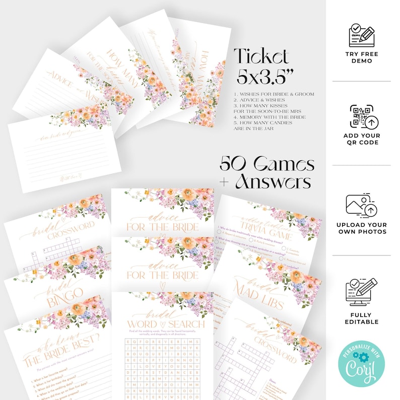 50 Bridal shower games bundle, Floral bridal shower bundle, Games Printable, Shower Games B048