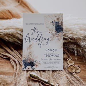 Boho Navy Wedding Invitation Template, Bohemian Wedding Invitations Card, Navy Blue Boho Wedding Template QR Code E108