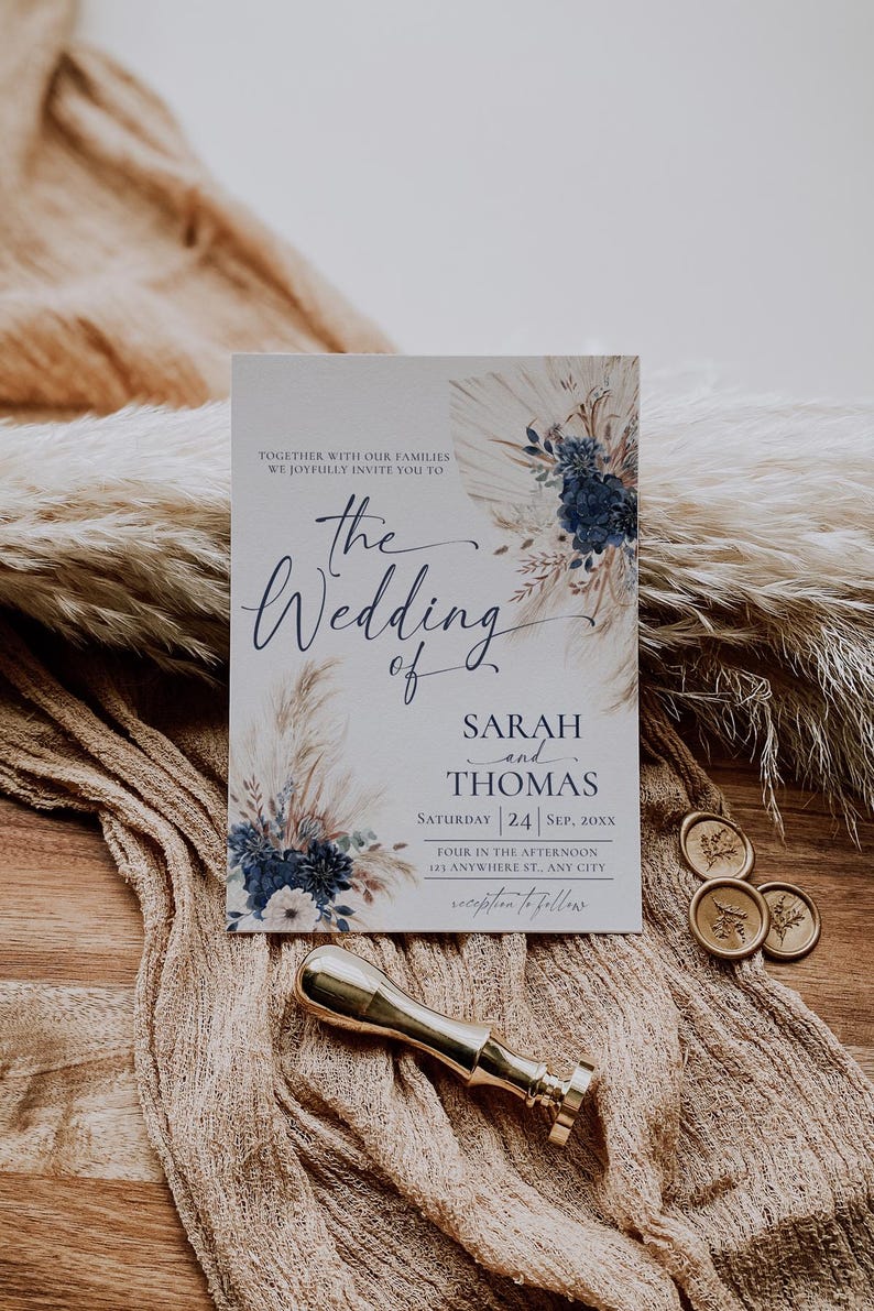 Boho Navy Wedding Invitation Template, Bohemian Wedding Invitations Card, Navy Blue Boho Wedding Template QR Code E108