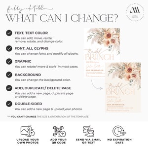 May include: A digital template for a bridal brunch invitation featuring floral illustrations and customizable text fields. The graphic displays editable elements including text, fonts, graphics, background, and page layout options with icons for photo uploads, QR codes, and email sharing.