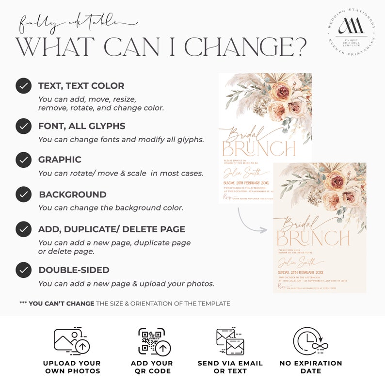May include: A digital template for a bridal brunch invitation featuring floral illustrations and customizable text fields. The graphic displays editable elements including text, fonts, graphics, background, and page layout options with icons for photo uploads, QR codes, and email sharing.