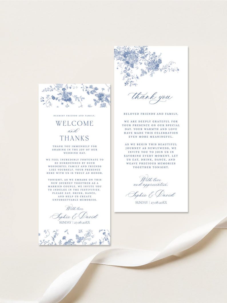 Something Blue Wedding Thank You Card Template: Minimalist Napkin Note French Toile Floral Vintage Monogram