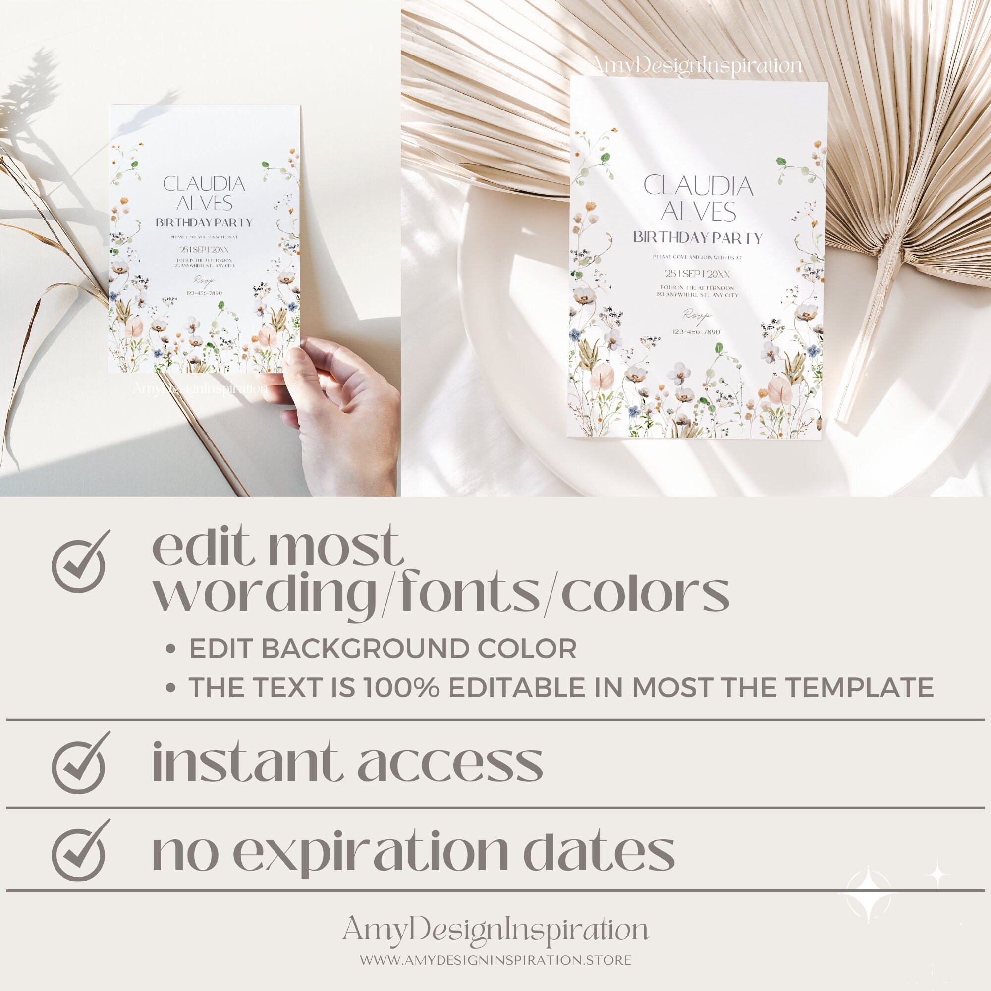 Wildflower Birthday Invitation Template: Editable Canva Floral Party ...
