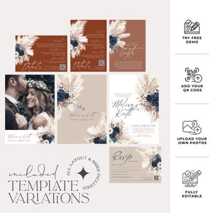 K&ouml;nnte beinhalten: Ein Satz von Hochzeitseinladungsvorlagen im Boho-Stil. Die Einladungen haben einen neutralen beigefarbenen Hintergrund mit getrocknetem Pampasgras und blauen Blumen. Der Text auf den Einladungen lautet "Melissa & Keith" und "Samstag, 24. September 20XX".