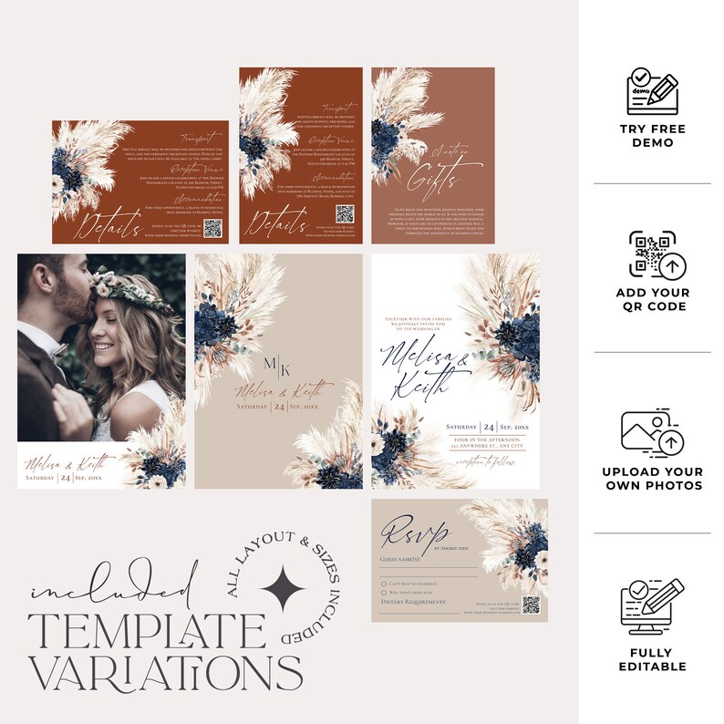 K&ouml;nnte beinhalten: Ein Satz von Hochzeitseinladungsvorlagen im Boho-Stil. Die Einladungen haben einen neutralen beigefarbenen Hintergrund mit getrocknetem Pampasgras und blauen Blumen. Der Text auf den Einladungen lautet "Melissa & Keith" und "Samstag, 24. September 20XX".