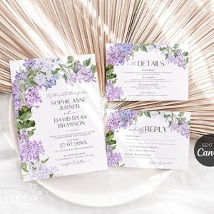 Plantilla de invitación de boda con diseño floral lila y morado, plantilla de Canva para invitación de boda con jardín floral, tarjeta de guardar la fecha morada n.° 595