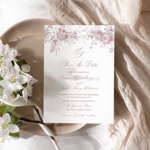 Minimal Wedding Save The Date Card Template, Mimimalist Save Our Dates Card, Pink Floral Monogram Wedding Save The Date Printables D031