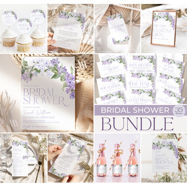 LILAC Bridal Shower Invitation Bundle, Floral Bridal Shower Invitation, Bridal Games Bundle, Printable Purple Floral Bridal Shower B001