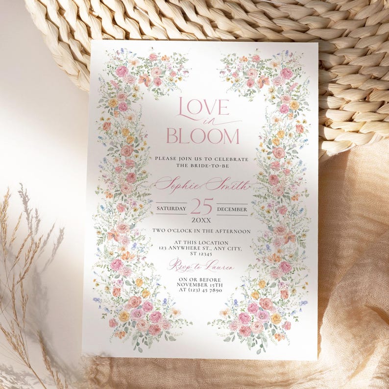 Spring Floral Bridal Brunch Invitation Template, Love in Bloom Bridal Brunch Invite, Vintage Pastel Bridal Shower Brunch Invitation A056
