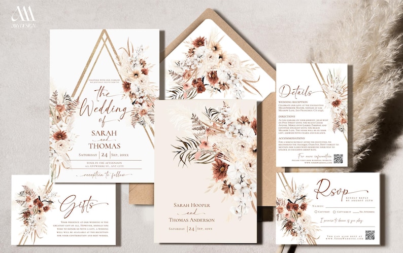 Boho Wedding Invitation Suite Template, Terracotta Wedding Invite QR Code, Elegant Fall Wedding Set Template, Bohemian Rust Terracotta E071