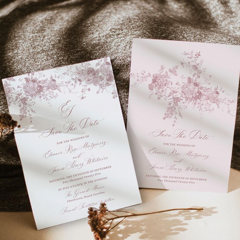Minimal Wedding Save The Date Card Template, Mimimalist Save Our Dates Card, Pink Floral Monogram Wedding Save The Date Printables D031