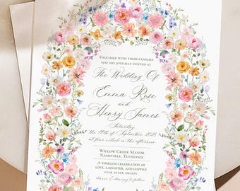 Wildflower Wedding Invitation Template, Colorful Floral Arch Wedding Invite, Whimsical Garden Meadow, Orange Pink Summer Floral Marriage