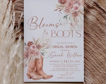 Boho Cowboy Boots Bridal Shower Invitation Template, Blooms and Boots Bridal Shower Invite, Pink Floral Country Bridal Shower