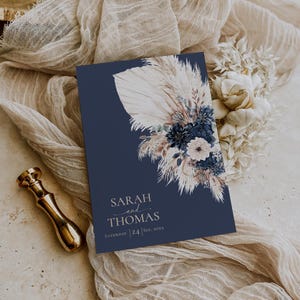 Boho Navy Wedding Invitation Template, Bohemian Wedding Invitations Card, Navy Blue Boho Wedding Template QR Code E108