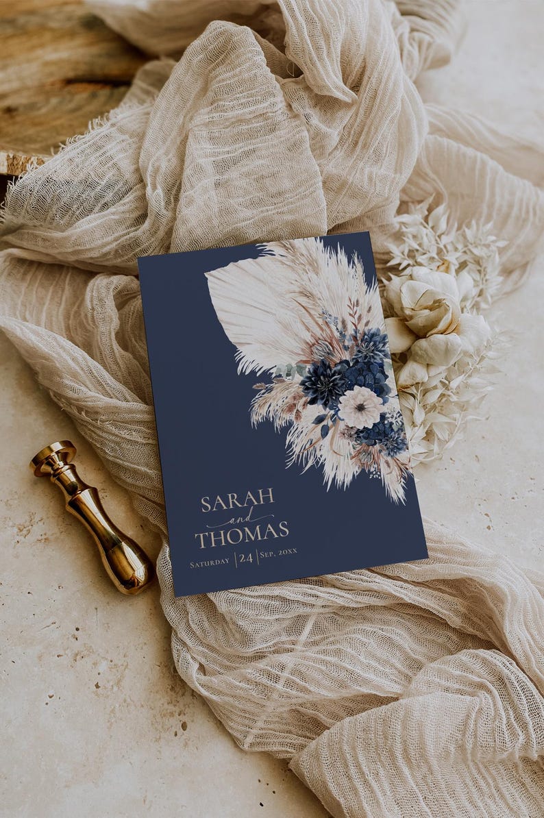 Boho Navy Wedding Invitation Template, Bohemian Wedding Invitations Card, Navy Blue Boho Wedding Template QR Code E108