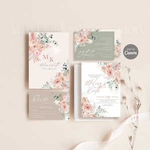 Blumenhochzeitseinladungs-Vorlage Canva, Blush Pink Hochzeitseinladungs-Set, Staubige Rosen Hochzeit laden bearbeitbare Canva-Vorlage ein # 238