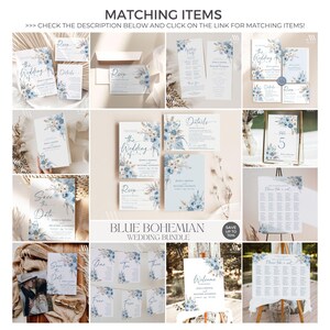 Pu&ograve; includere: Un set di cancelleria per matrimoni con illustrazioni di fiori blu ed erba della pampa. Il set include inviti, schede RSVP, schede dei dettagli, numeri da tavolo, piani dei posti a sedere e cartelli di benvenuto con testo stampato.
