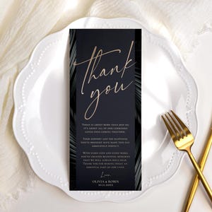 Minimalistische Hochzeitstabelle Danke Vorlage, Moderne Danke Serviette Note, Wüstenhochzeit, Gedeck Danke Bearbeitbar Schwarz Gold E096