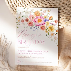 Modèle d'invitation de brunch d'anniversaire de fleurs colorées, invitation d'anniversaire Surprise, 13e anniversaire, invitation de fête d'anniversaire E100