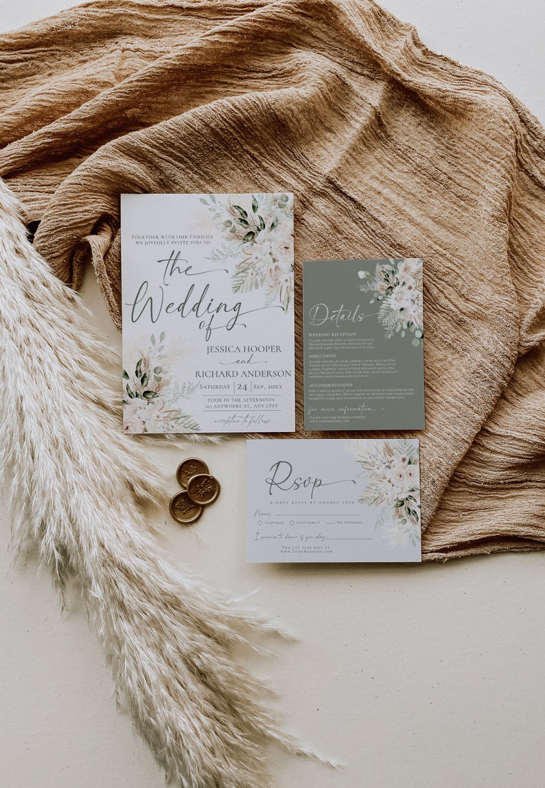 May include: A wedding invitation suite featuring a main invitation, a details card, and an RSVP card, all decorated with watercolor floral and pampas grass illustrations. Three gold wax seals are included alongside the stationery set.
