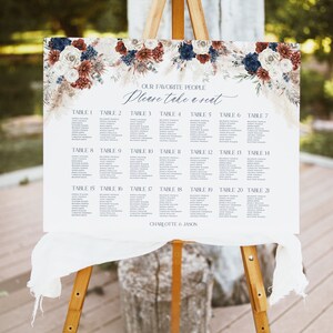May include: A wedding seating chart with a floral design in shades of red, white, and blue. The chart lists tables 1 through 21 with guest names. The text at the top reads "Our Favorite People Please Take a Seat." The bottom of the chart reads "Charlotte & Jason."