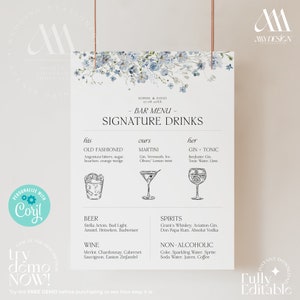 Signature Drink Sign Template, Something Blue Signature Drinks, Wildflower Wedding Drink Menu, Signature Cocktail Sign D004