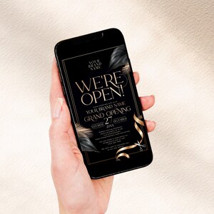 Editable black and gold grand opening invitation template, perfect for business launch parties and “We’re Open” events.