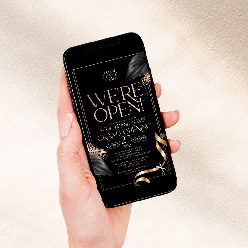 Editable black and gold grand opening invitation template, perfect for business launch parties and “We’re Open” events.