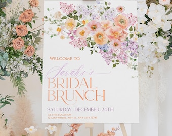 Spring Floral Bridal Shower Brunch Welcome Sign Template, Peach Purple Welcome Poster, Welcome To Bridal Shower Sign A038