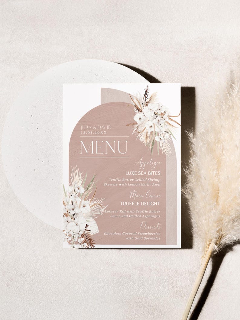 Boho Arched Menu Template, Terracotta Boho Wedding Menu Template, Bohemian Wedding Menu Cards Printable Thank You Place Card Template E029