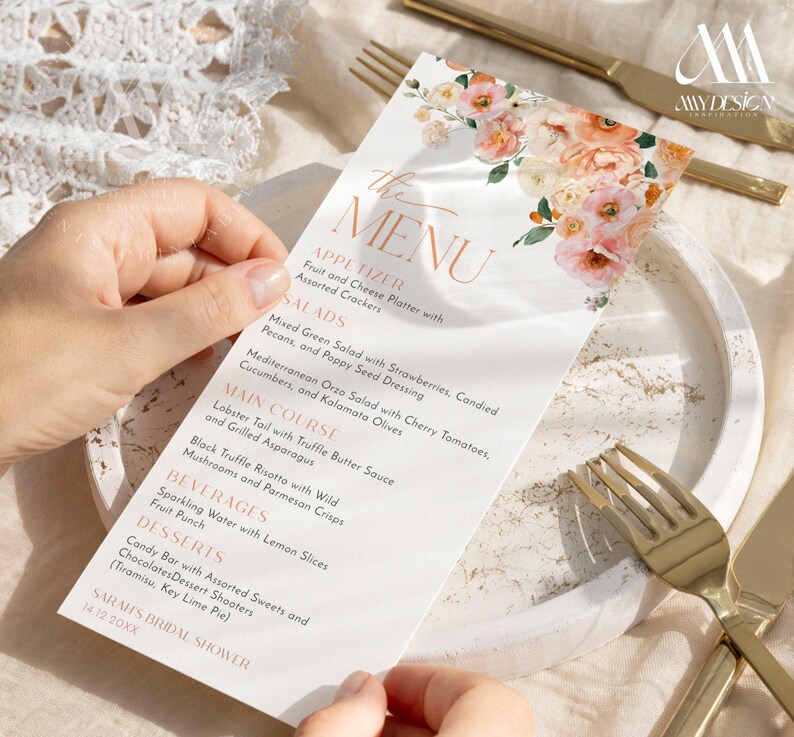 Peach Citrus Bridal Shower Menu Template: Floral Thank You Note (Digital Download) B007