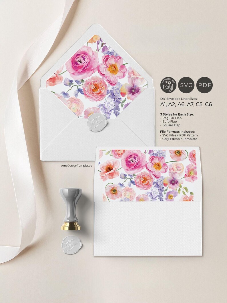 Bright Colorful Flowers Envelope Liner Template, Floral Wedding Envelope Liners Printable, Euro Flap, Square Flap, Digital Instant Download