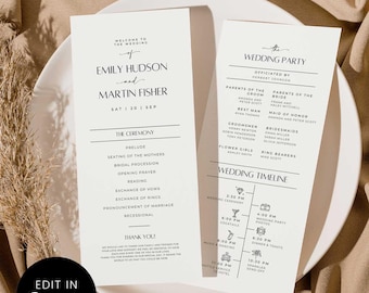May include: Two elegant wedding ceremony programs on a white plate. The programs feature black text on a white background, with details like the couple's names, ceremony order, and wedding party. The programs are set against a neutral, textured backdrop.