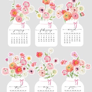 May include: A floral calendar design featuring six months: January, February, March, April, May, and June. Each month is represented by a white vase filled with watercolor flowers in shades of pink, orange, and white, with a calendar below.