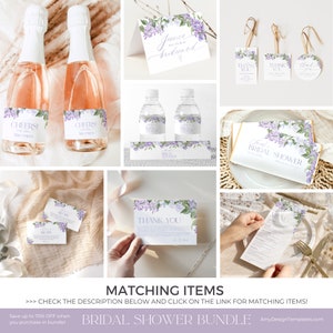 May include: Lilac floral bridal shower bundle with matching items. The bundle includes thank you cards, bottle labels, favor tags, and a menu card. The cards are white with a lilac floral design and black text. The text on the cards includes 'Cheers!', 'Thank You', 'Bridal Shower', and 'Menu'. The bottle labels are white with a lilac floral design and black text. The text on the bottle labels includes 'Cheers!' and 'Jesica Will You Be My Bridesmaid'. The favor tags are white with a lilac floral design and black text. The text on the favor tags includes 'Thank You'. The menu card is white with a lilac floral design and black text. The text on the menu card includes 'Menu'. The bundle is available for purchase at AmyDesignTemplates.com.