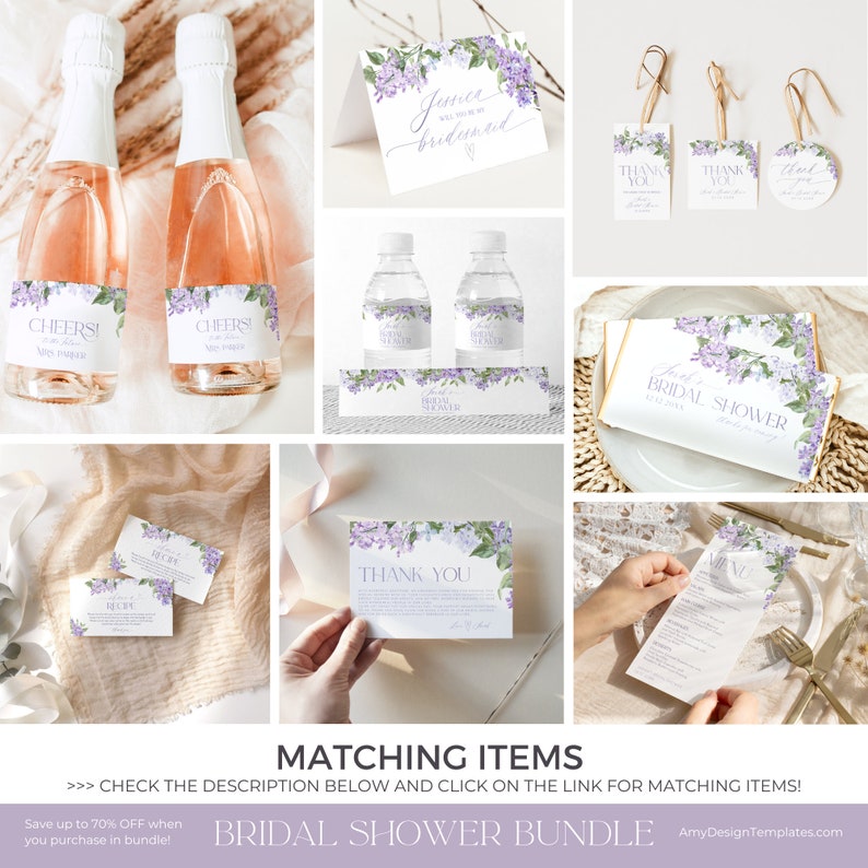 May include: Lilac floral bridal shower bundle with matching items. The bundle includes thank you cards, bottle labels, favor tags, and a menu card. The cards are white with a lilac floral design and black text. The text on the cards includes 'Cheers!', 'Thank You', 'Bridal Shower', and 'Menu'. The bottle labels are white with a lilac floral design and black text. The text on the bottle labels includes 'Cheers!' and 'Jesica Will You Be My Bridesmaid'. The favor tags are white with a lilac floral design and black text. The text on the favor tags includes 'Thank You'. The menu card is white with a lilac floral design and black text. The text on the menu card includes 'Menu'. The bundle is available for purchase at AmyDesignTemplates.com.