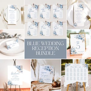 May include: Blue and white wedding reception printable signs with floral designs. The signs include a welcome sign, table numbers, a seating chart, and a sign that says "Custom Signs".
