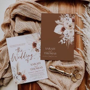 Boho Wedding Invitation Card Template, Terracotta Wedding Invite Template, Editable Fall Wedding Invite Cards Printable Pampas grass D021
