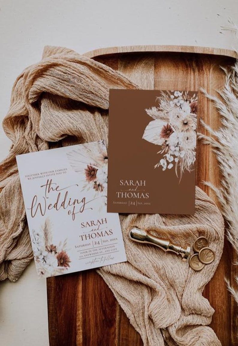 Boho Wedding Invitation Card Template, Terracotta Wedding Invite Template, Editable Fall Wedding Invite Cards Printable Pampas grass D021