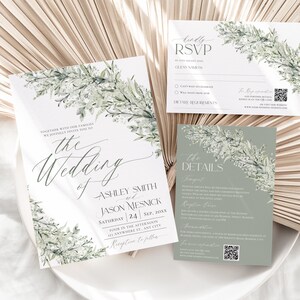 May include: A wedding invitation suite with a green and white floral design. The invitation card says "The Wedding of Ashley Smith and Jason Mesnick" with the date and time of the wedding. The RSVP card has a place for guests to indicate their attendance and dietary requirements. The details card includes the ceremony and reception information.