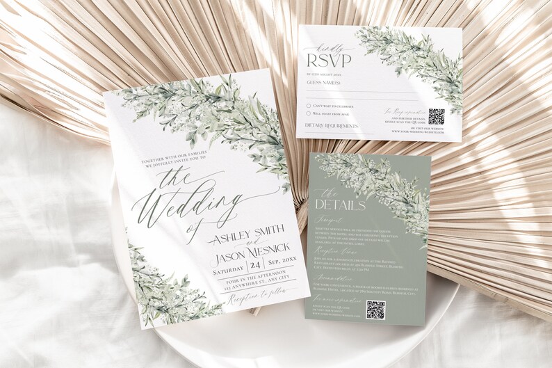 May include: A wedding invitation suite with a green and white floral design. The invitation card says "The Wedding of Ashley Smith and Jason Mesnick" with the date and time of the wedding. The RSVP card has a place for guests to indicate their attendance and dietary requirements. The details card includes the ceremony and reception information.