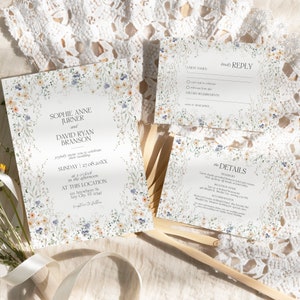 Wildflower Wedding Invitation, Wildflower  Wedding Invite Set, Save the Date Template,, Elegant Wedding Invitations RSVP Template D007