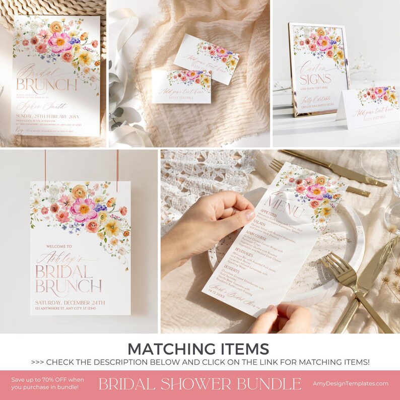 Puede incluir: Un conjunto de papeler&iacute;a para una despedida de soltera con tem&aacute;tica floral. El conjunto incluye invitaciones, tarjetas de sitio, men&uacute;s y se&ntilde;alizaci&oacute;n. Los dise&ntilde;os presentan flores de acuarela en tonos rosa, amarillo y melocot&oacute;n, con tipograf&iacute;a elegante.