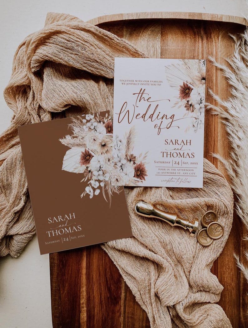 Boho Wedding Invitation Card Template, Terracotta Wedding Invite Template, Editable Fall Wedding Invite Cards Printable Pampas grass D021