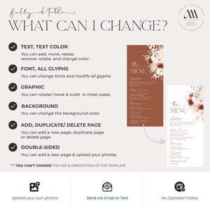 May include: A digital wedding menu template infographic featuring two vertical menu examples with floral accents. The text includes 'FULLY EDITABLE WHAT CAN I CHANGE?' and lists customization options for text, fonts, graphics, and backgrounds.