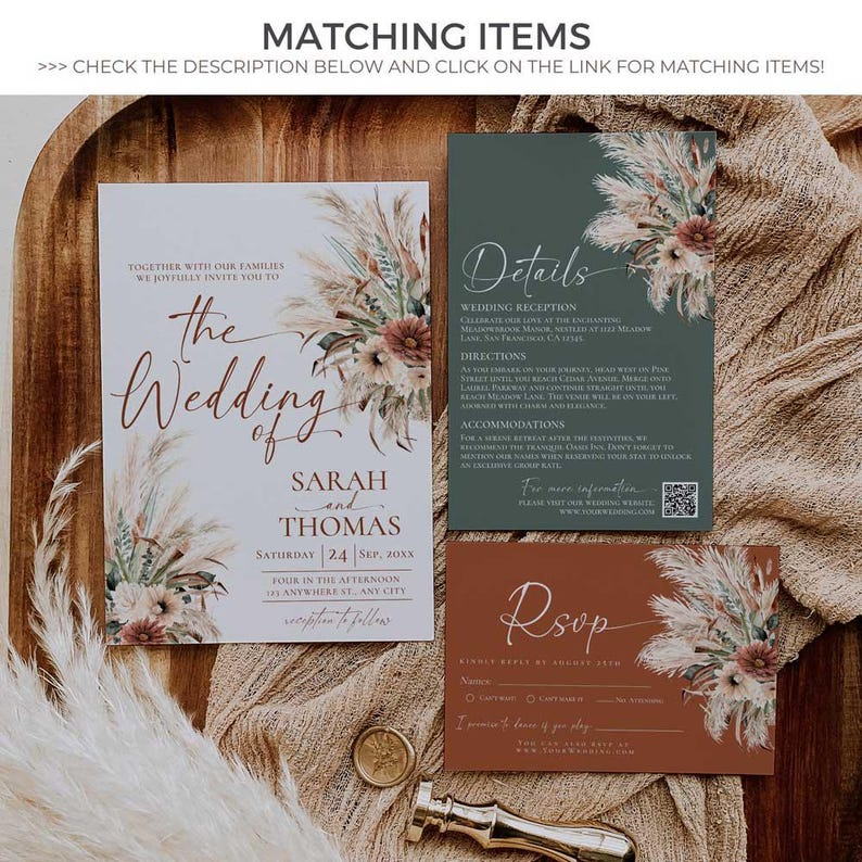 Boho Rustic Wedding Invitation Template, Boho Wedding Invitation Card Printable, Terracotta Sage Green Wedding Invite Set