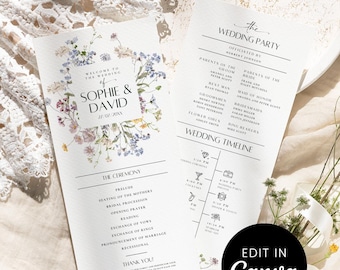 Wedding Program Template Canva Catholic Ceremony | Editable Wildflower Ceremony Order of Service | Church Programs Printable